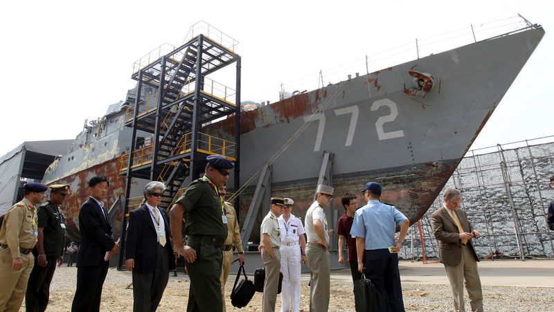 The South Korean Navy frigate Cheonan, raised after her sinking in March 2010. An international team of experts concluded the Cheonan had been sunk by a North Korean torpedo.